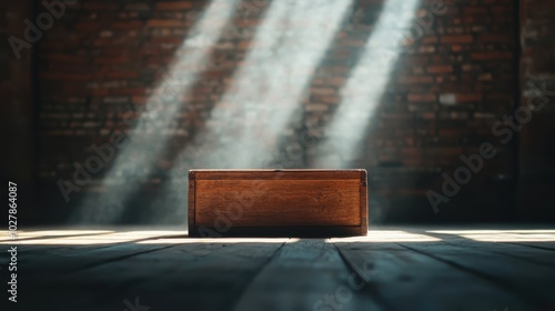 An enigmatic wooden box sits on an old wooden floor, illuminated by ethereal beams of sunlight streaming through an unseen window in a rustic, abandoned setting. photo