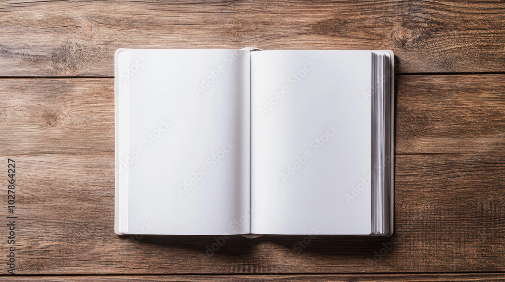 Fototapeta premium An open book with blank white pages resting on a rustic wooden surface, inviting creativity and new ideas during the afternoon