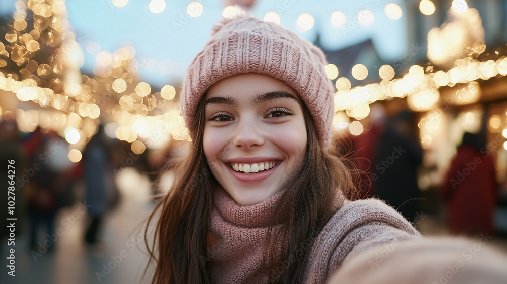 Teen capturing Christmas selfies in front of a brightly lit town square photo Teen capturing Christmas selfies in front of a brightly lit town square photo