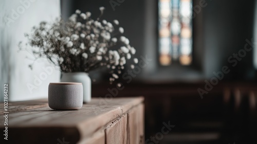 A stylish smart speaker sits on a wooden surface next to a vase with flowers, inside a dimly lit room, representing the fusion of technology with interior decor elegance. photo