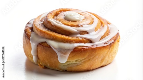 Wallpaper Mural white background, snack, aroma, dessert, A close up shot of a delicious cinnamon bun with white icing placed on a white background at a low angle to create a forced perspective illusion Torontodigital.ca