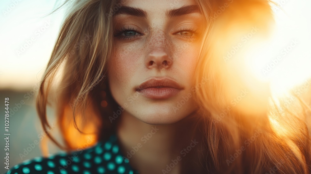 A captivating image of a freckled woman gazing thoughtfully towards a summer sunset, embodying a sense of contemplation and timeless beauty in natural light. A captivating image of a freckled woman gazing thoughtfully towards a summer sunset, embodying a sense of contemplation and timeless beauty in natural light.