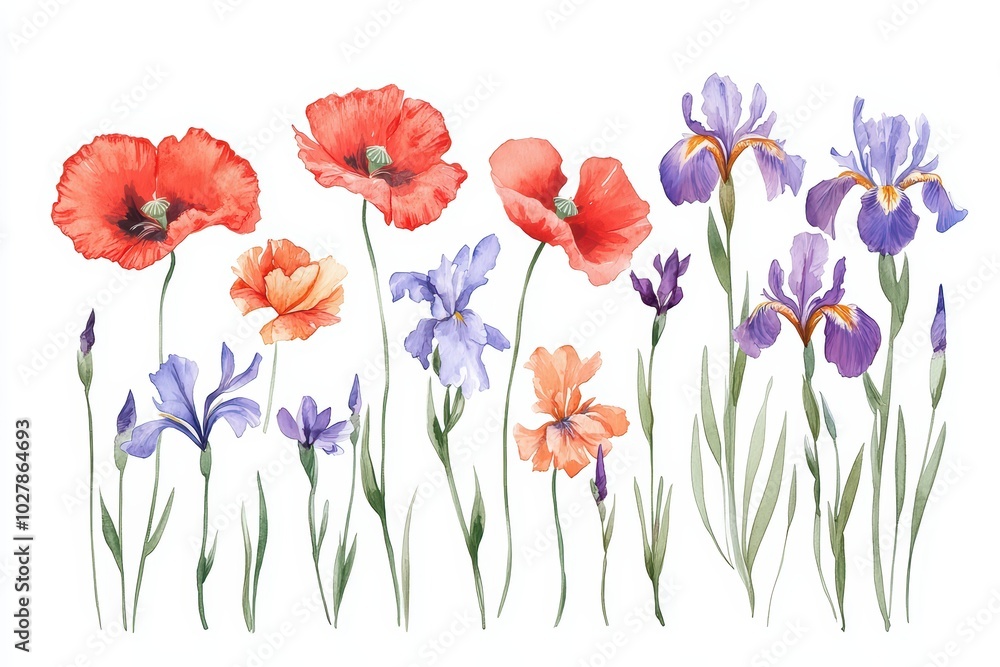 Fototapeta premium A beautiful collection of watercolor flowers, including poppies and irises, perfect for decorative designs and floral themes.