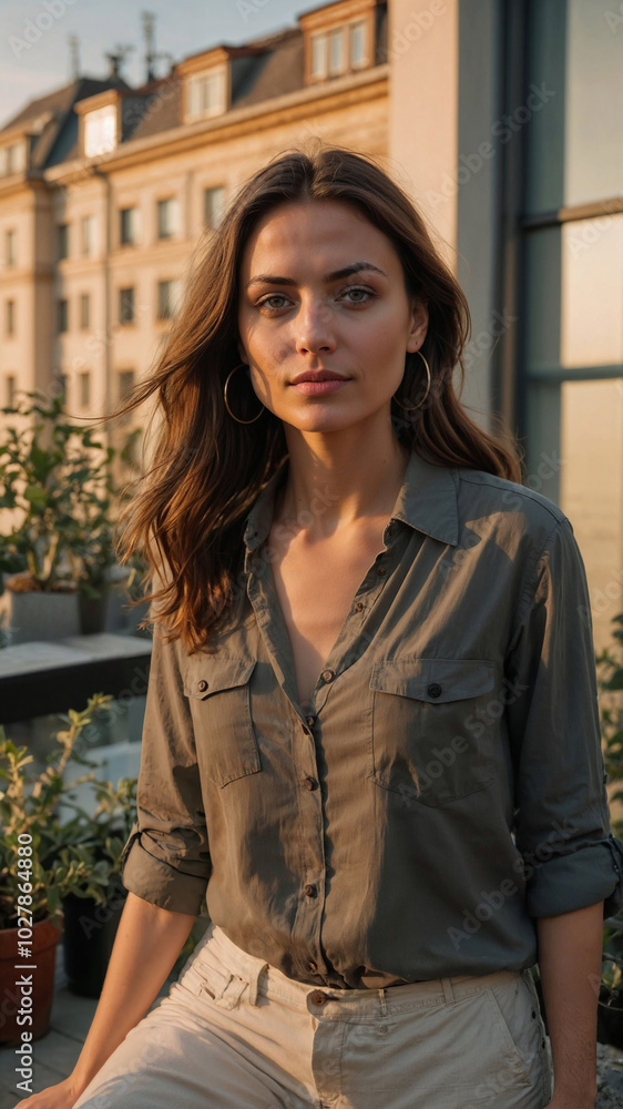 Confident Woman in Casual Shirt on Rooftop Terrace at Sunset with Urban Background Confident Woman in Casual Shirt on Rooftop Terrace at Sunset with Urban Background
