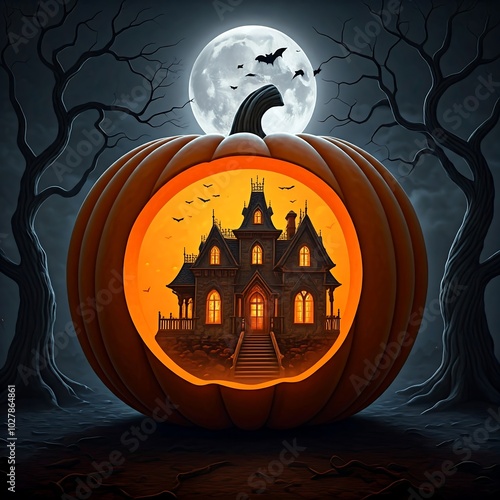 Pumpkin-shaped haunted house at night
