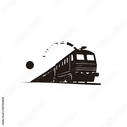 A black silhouette of a train engine with a red sun in the white background 