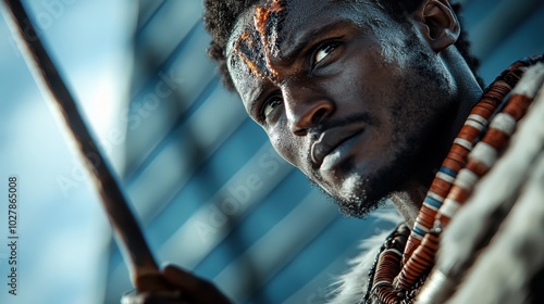 A fierce warrior with a painted face holds a staff, surrounded by a beaded necklace, symbolizing power and tradition amidst an urban backdrop. photo