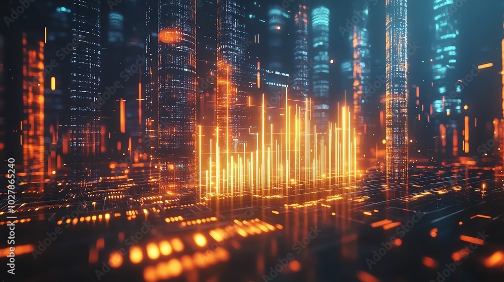 Futuristic cityscape with glowing data visualization, symbolizing technology, innovation, and urban landscapes in digital art. Futuristic cityscape with glowing data visualization, symbolizing technology, innovation, and urban landscapes in digital art.