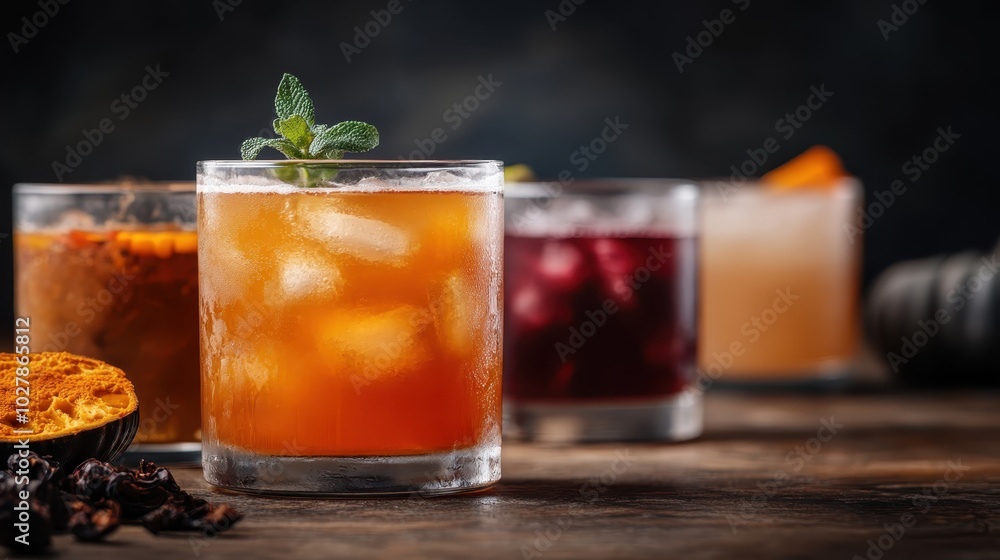 A vibrant assortment of cocktails in different glasses, showcasing distinct colors and garnishes, ideal for social gatherings or refreshing moments. A vibrant assortment of cocktails in different glasses, showcasing distinct colors and garnishes, ideal for social gatherings or refreshing moments.