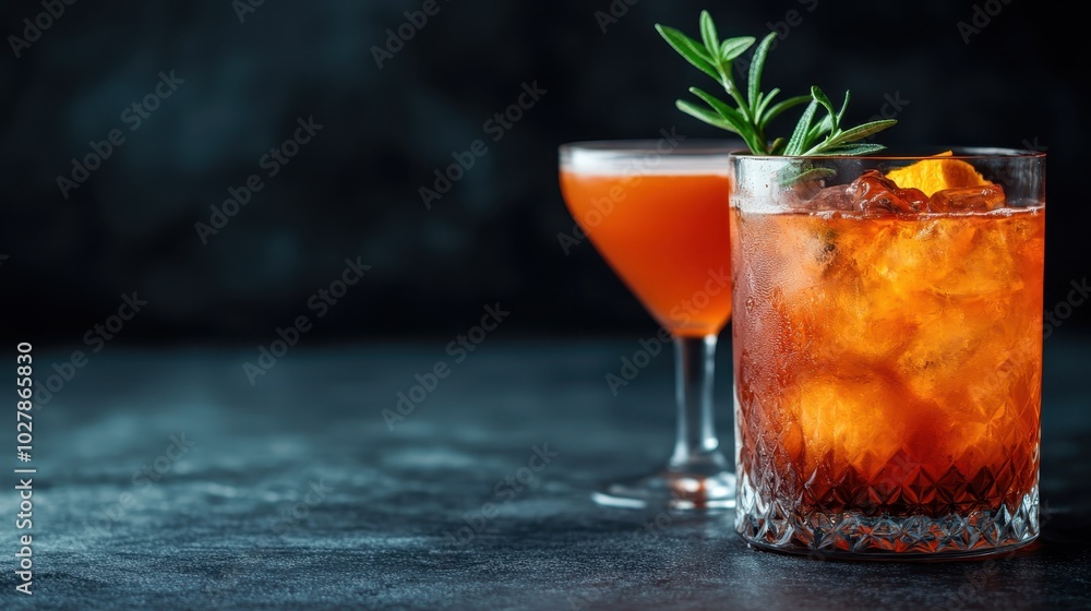 Two distinct cocktails in elegant glasses, placed on a dark background, exuding sophistication and perfect for special occasions or classy gatherings. Two distinct cocktails in elegant glasses, placed on a dark background, exuding sophistication and perfect for special occasions or classy gatherings.