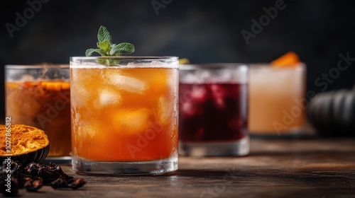 A vibrant assortment of cocktails in different glasses, showcasing distinct colors and garnishes, ideal for social gatherings or refreshing moments.