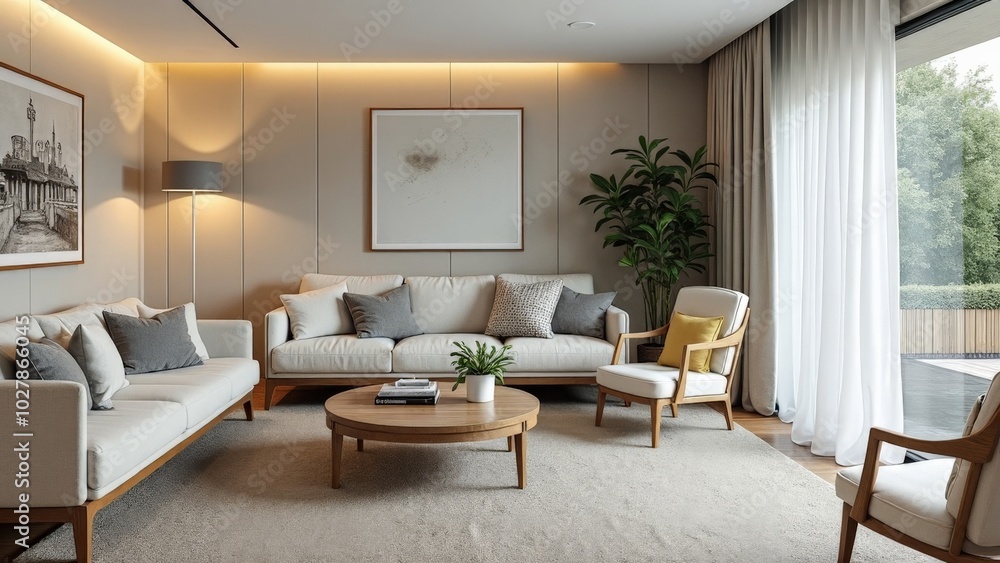 Fototapeta premium Contemporary living room interior with white sofa, wooden coffee table, and large window