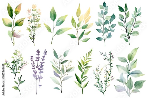 Botanical watercolor leaves