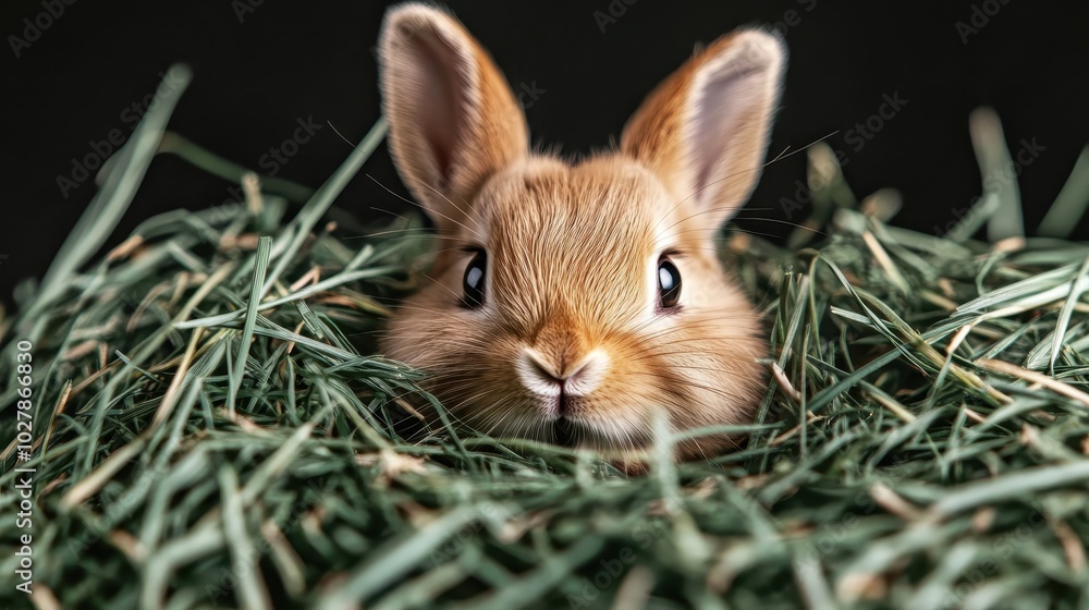 A curious rabbit emerges from a bed of green hay, capturing its adorable expression and soft fur, surrounded by a natural, earthy environment. A curious rabbit emerges from a bed of green hay, capturing its adorable expression and soft fur, surrounded by a natural, earthy environment.