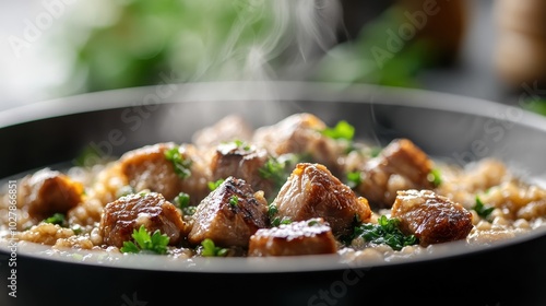 A comforting, rustic stew beautifully combines beef with herbs, simmered to perfection, steaming hot and capturing vibrant, aromatic culinary appeal. photo