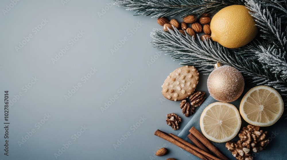 This image displays a composition of lemons, almonds, walnuts, cinnamon sticks, and frosted pine branches, creating a fresh, holiday-themed arrangement. This image displays a composition of lemons, almonds, walnuts, cinnamon sticks, and frosted pine branches, creating a fresh, holiday-themed arrangement.