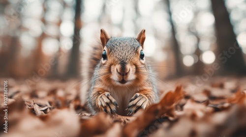 A curious brown squirrel is captured in an autumn forest amidst fallen leaves, displaying a sense of liveliness and wonder in a natural, rustic setting.