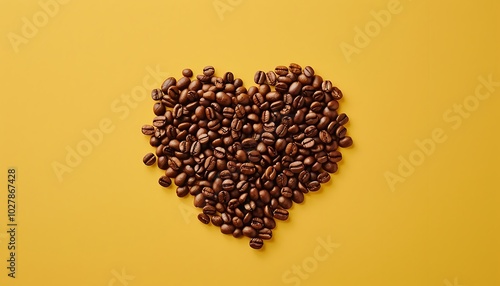 coffee beans in the shape of a heart on a yellow background