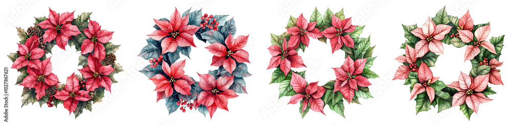A Christmas wreath adorned with bright red poinsettias, bringing festive cheer to a transparent background. A Christmas wreath adorned with bright red poinsettias, bringing festive cheer to a transparent background.