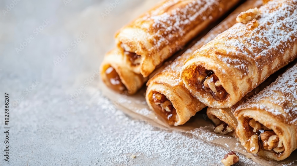 Delightful soft rolled crepes filled with nuts and drizzled with caramel, dusted with powdered sugar, presenting a treat for sweet cravings. Delightful soft rolled crepes filled with nuts and drizzled with caramel, dusted with powdered sugar, presenting a treat for sweet cravings.