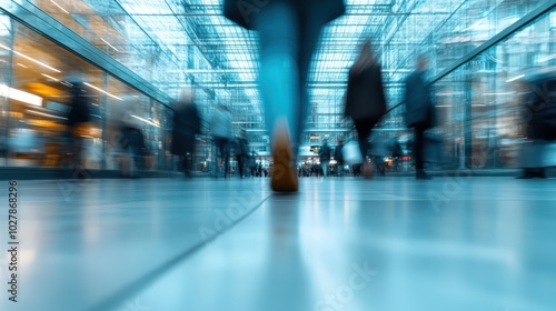 Silhouette figures move swiftly through a sunlit urban transit hub, melded by the blur of motion which symbolizes modern life's busy pace and connectivity. photo