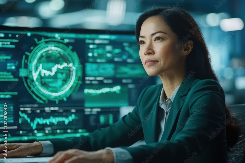 A focused businesswoman analyzing data on a high-tech screen in a modern office environment. A focused businesswoman analyzing data on a high-tech screen in a modern office environment.