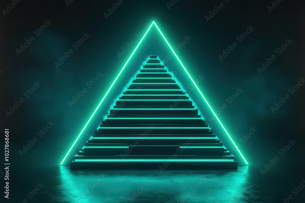 A futuristic neon blue pyramid with glowing edges in a dark, misty environment, creating a mysterious atmosphere. A futuristic neon blue pyramid with glowing edges in a dark, misty environment, creating a mysterious atmosphere.