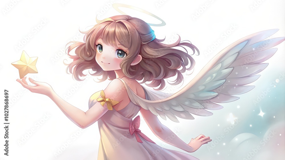 Angelic Girl with Halo and Wings Holding a Star Angelic Girl with Halo and Wings Holding a Star
