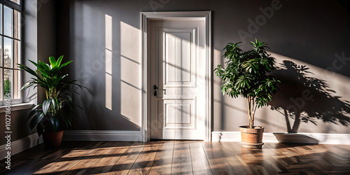 A closed white door with a brass handle stands open in a room with wooden floors. Sunlight streams through a window  casting long shadows on the wall and floor  where a potted plant sits.