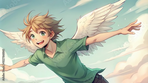 Smiling Anime Boy with White Wings Flying Through the Clouds photo