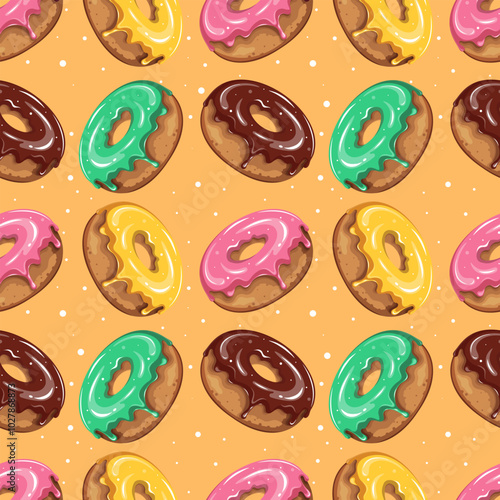 Seamless pattern with glazed sweet donuts. Desserts, sweet food. Vector illustration for wrapping paper, scrapbooking, backdrop, print and web.