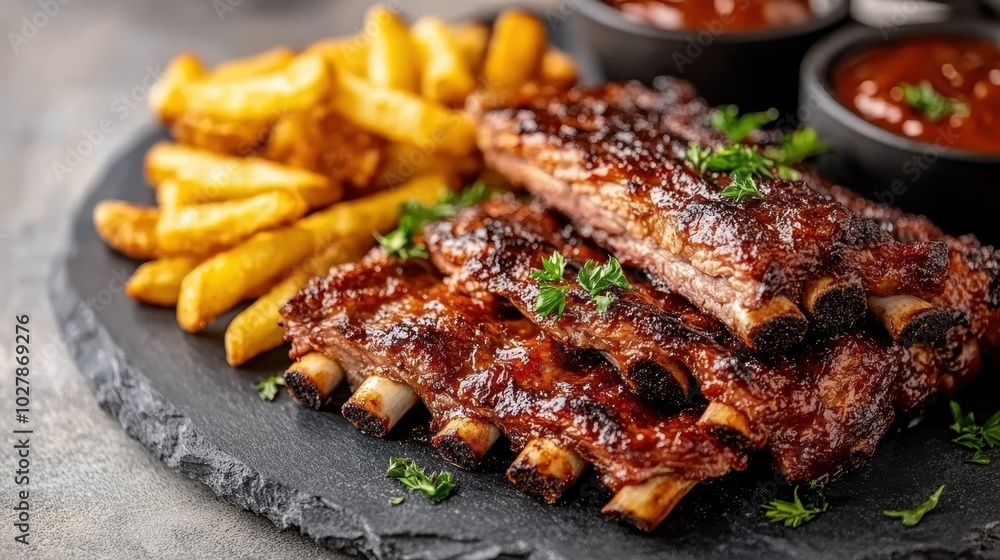 Juicy ribs and golden fries artistically arranged with vibrant sauces on a dark table, evoking the zest of mouth-watering flavors and satisfying indulgence. Juicy ribs and golden fries artistically arranged with vibrant sauces on a dark table, evoking the zest of mouth-watering flavors and satisfying indulgence.
