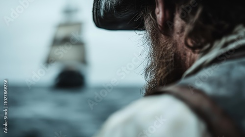 Close-up of a sailor in a sky blue shirt observing a large ship sailing across the ocean, conveying determination and anticipation against the vast water background. photo