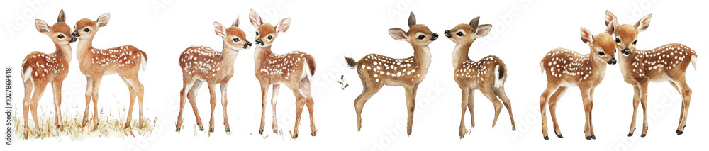 Two cute cartoon fawns playing together, illustrated in pastel watercolor style, displayed on a transparent background. Two cute cartoon fawns playing together, illustrated in pastel watercolor style, displayed on a transparent background.