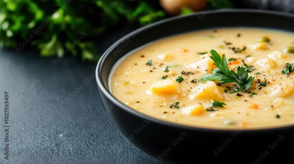 A tasty bowl filled with chowder soup, complete with chunks of potatoes and vibrant herbs, creating a delicious medley of flavors in a cozy meal setting. A tasty bowl filled with chowder soup, complete with chunks of potatoes and vibrant herbs, creating a delicious medley of flavors in a cozy meal setting.