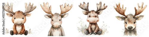 A cartoon moose with large antlers, illustrated in soft pastel watercolor style, placed on a transparent background.