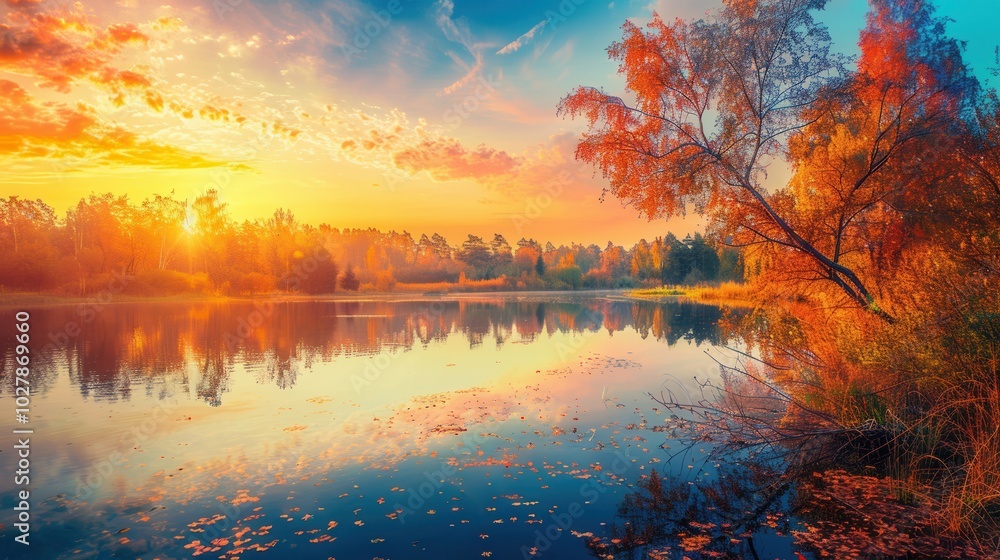 The sky bursts with warm hues as the autumn sun sets, casting beautiful reflections on the calm water, creating a peaceful atmosphere. Generative AI The sky bursts with warm hues as the autumn sun sets, casting beautiful reflections on the calm water, creating a peaceful atmosphere. Generative AI