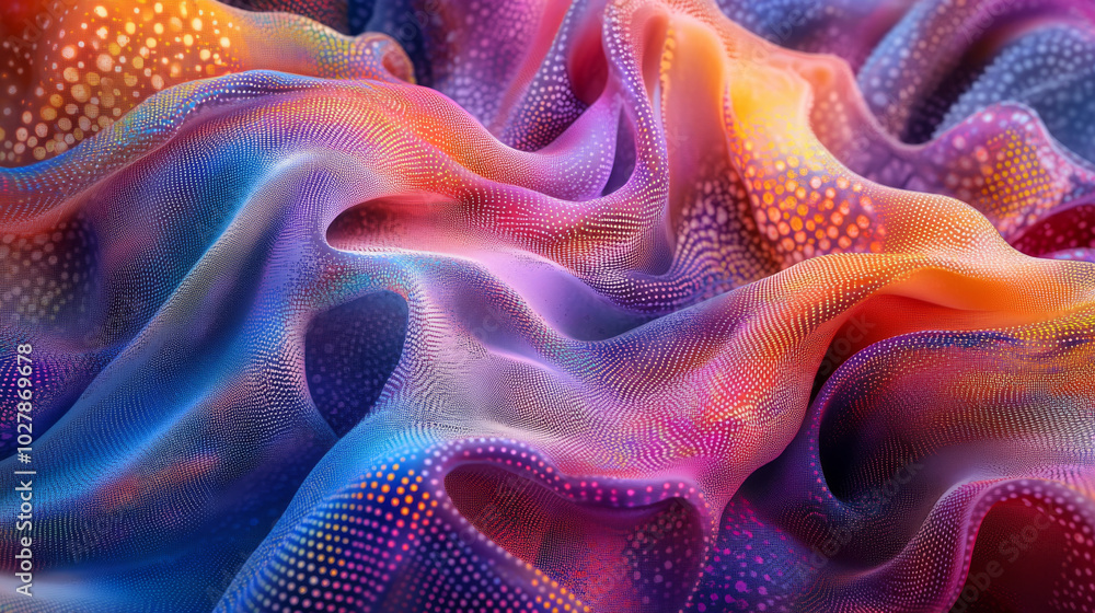 A colorful, swirling pattern made of dots creates a 3D visual. It's like a flowing stream of music, but made of visuals. A colorful, swirling pattern made of dots creates a 3D visual. It's like a flowing stream of music, but made of visuals.