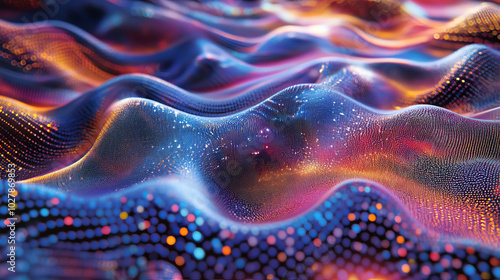 A colorful, swirling pattern made of dots creates a 3D visual. It's like a flowing stream of music, but made of visuals.