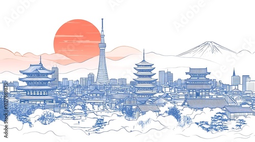 A stylized drawing of Tokyo, Japan, with temples, skyscrapers, and mountains. A red sun rises in the background.


