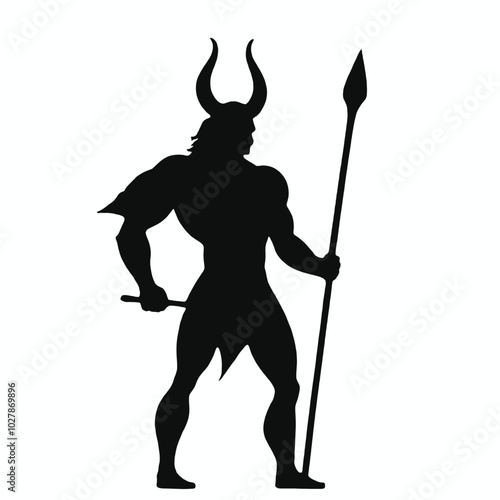 A silhouette of a muscular male figure with horns and a spear, 