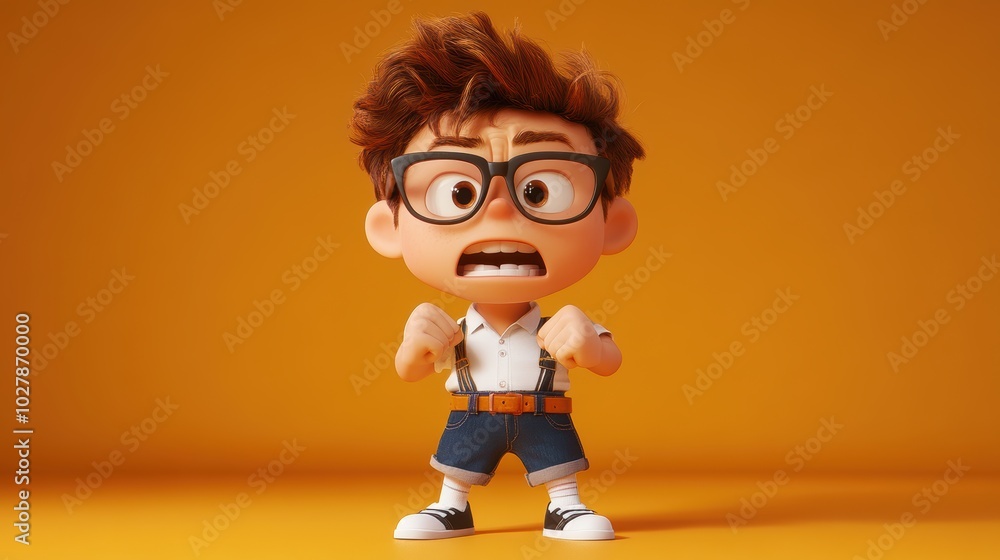 3D animation character, young boy big head, glasses, (make an angry face and up his fists), white shirt denim short pants brown belt, white socks, black cut shoes, on orange background. 3D animation character, young boy big head, glasses, (make an angry face and up his fists), white shirt denim short pants brown belt, white socks, black cut shoes, on orange background.