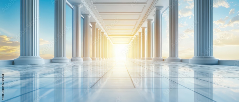 Obraz premium A serene architectural corridor with classical columns and a radiant sunrise.