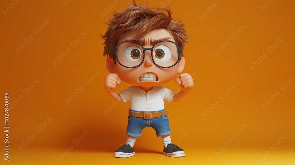 3D animation character, young boy big head, glasses, (make an angry face and up his fists), white shirt denim short pants brown belt, white socks, black cut shoes, on orange background. 3D animation character, young boy big head, glasses, (make an angry face and up his fists), white shirt denim short pants brown belt, white socks, black cut shoes, on orange background.