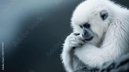 Wallpaper Mural A snow-white monkey sits on a bluish rock, deeply lost in thought, surrounded by a serene atmosphere and the minimalist beauty of the natural world. Torontodigital.ca