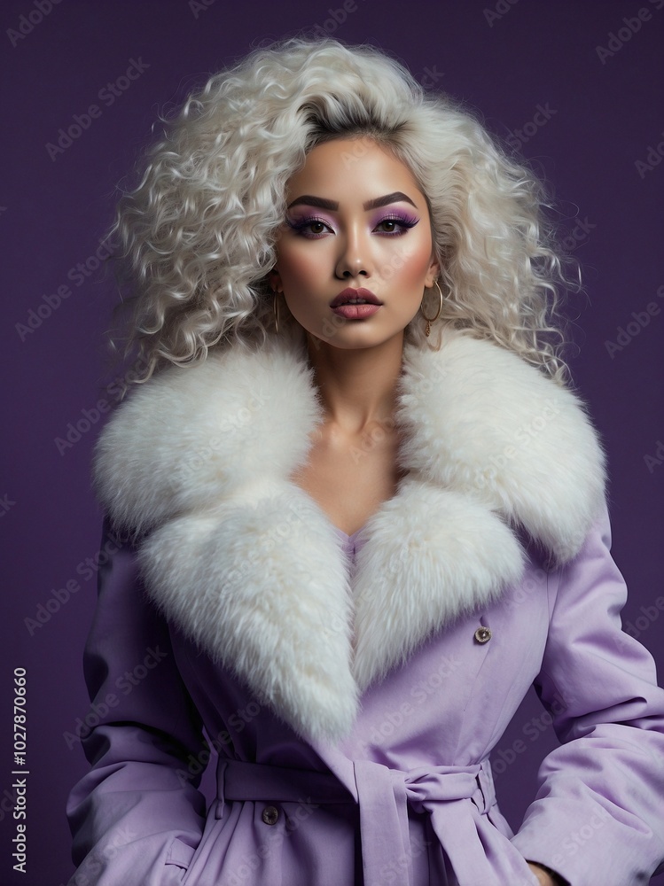 Woman with platinum curls in lilac coat with white fur collar Woman with platinum curls in lilac coat with white fur collar