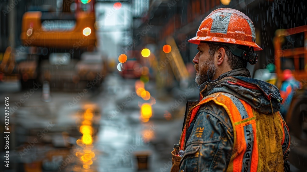 Construction worker standing in a rainy urban construction site lit by blurred lights, wearing protective gear including an orange hard hat and reflective safety vest Construction worker standing in a rainy urban construction site lit by blurred lights, wearing protective gear including an orange hard hat and reflective safety vest