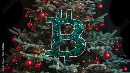 Wallpaper Mural Green Bitcoin Ornament on Christmas Tree with Red Baubles Holiday Cryptocurrency Concept 
 Torontodigital.ca