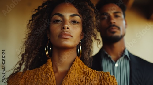 A woman with curly hair and a serious expression is captured in the foreground, showcasing a confident demeanor, while a man stands blurred behind her. photo