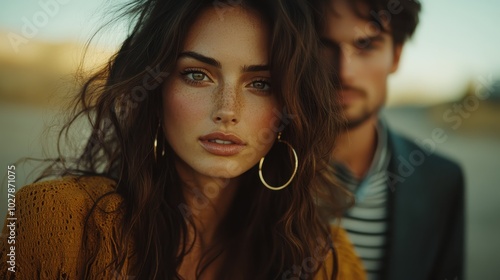 A woman and a man share a beautiful outdoor moment, with the woman in focus presenting delicate features and a chic brown outfit, evoking romance and connection. photo